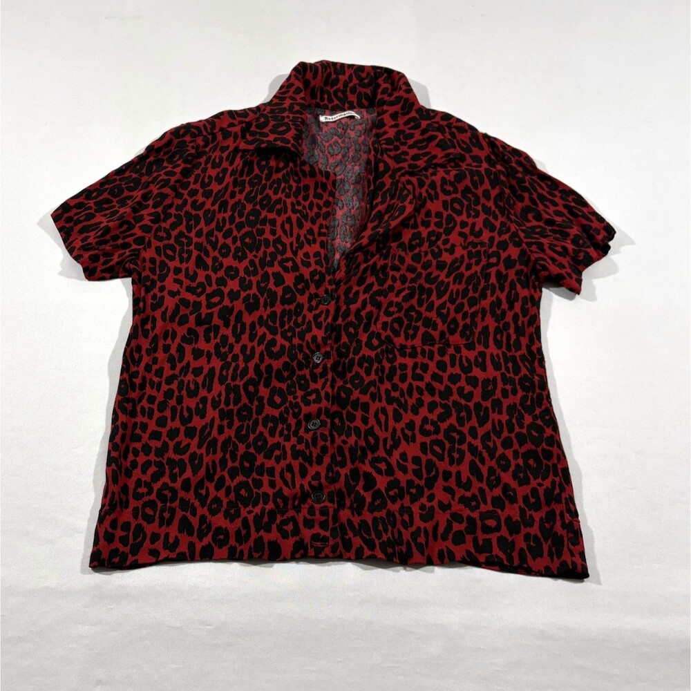 Reformation Womens Red Animal Cheetah Print Short Sleeve Top Shirt Blouse Sz M